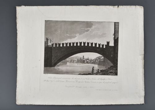 Bennassuti Giuseppe 1825 VIEW OF THE PRINCIPAL RENOMATISSIMO ARCH OF THE BRIDGE OF CASTEL VECCHIO IN VERONA, AND OF THE LUNGADIGE OF S.LORENZO
    